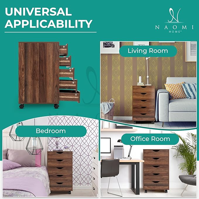 Naomi Home 5-Drawer Rolling Chest, Brown Oak, Smart Storage with Metal Slide Glides & Smooth Wheels, Compact Space-Saver, Easy Assembly, Durable Engineered Wood