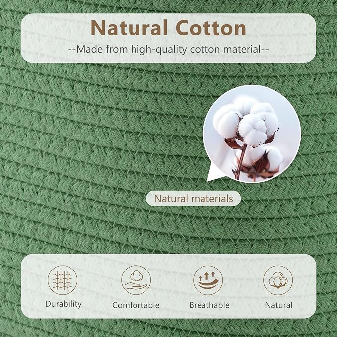 ECDYQXVU 15x10x9" Woven Cotton Rope Storage Basket, Leather Handles 2 Pack | Foldable Design, Sturdy PU Handles, Easy to Clean Organizer for Living Room, Closet, Shelves, Bedroom, Laundry, Clothes