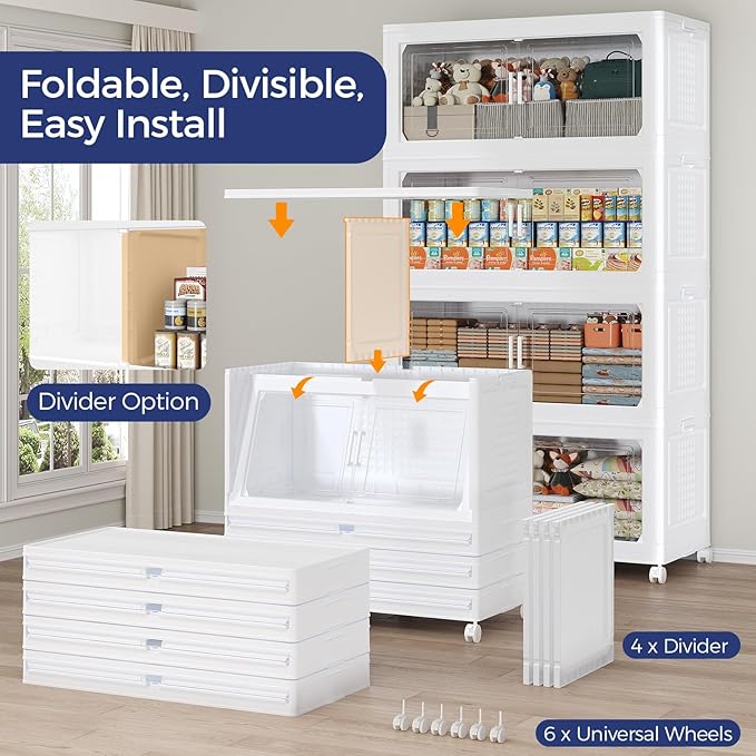 200GAL Extra Large Storage Bins with Lid, 800Qt Stackable Closet Organizers and Drawers, Collapsible Storage Bins with Wheels, Folding Containers for Home, Kitchen Office, 5Pack White