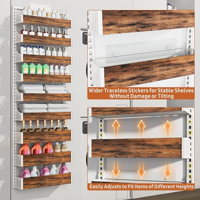 Over the Door Pantry Organizer: Pantry Organization and Storage with Hanging Basket - 9-Tier Metal Spice Rack Adjustable Shelves for Kitchen Bedroom Bathroom & Laundry Room White