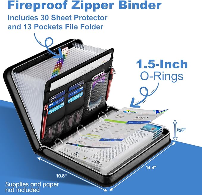 DocSafe File Organizer Zipper Binder with 30 Sheet Protector,Fireproof Accordion 12-Tab Expanding File Folder with Multiple Pockets,Home School Office Safe Storage for Documents,1.5-Inch O-Ring,Black