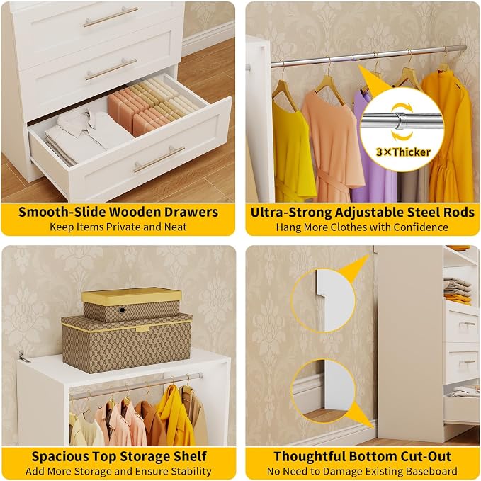 Closet System with 3 Drawers, 2-5FT Small Custom Closet Organizer System Shelving Wood with 2 Hanging Rods & Shelf, Walk-in Closet System Freestanding, Modular Closet Organizer System, White