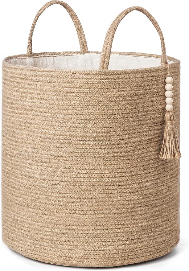 Mkono Tall Wicker Laundry Basket Woven Storage Basket Decorative Natural Rope Basket Wooden Bead Decoration for Blankets,Toys,Clothes,Shoes,Plant Organizer Bin with Handles Living Room 15"Wx17.7"L