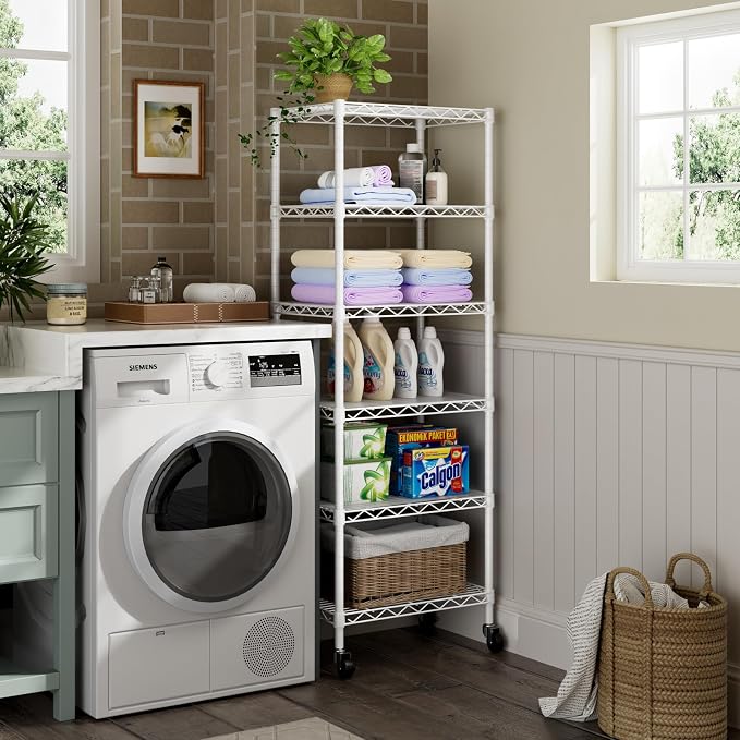 Golpart Small Shelves Storage Wire Metal Adjustable Shelf Unit with Wheels | 6 tier Shelving Organizers Storage Shelving for Bathroom Laundry Room Kitchen Pantry 11.7”D x 17.7”W x 61.6”H White