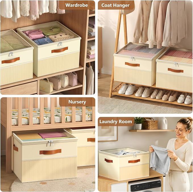 Shoe Organizer for Closet,2 Pack Foldable Shoe Storage Organizer Box Bin with Adjustable Dividers and Clear Cover, Fits up to 16-32 Pairs（Beige）