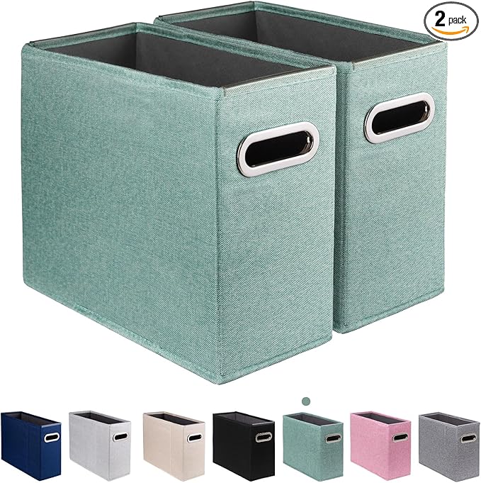 2 Pack Letter Size File Storage Box Collapsible，Fabric Hanging File Folders Organizer, Portable Office Document Holder with Metal Handle, Smooth PVC Rails, Green
