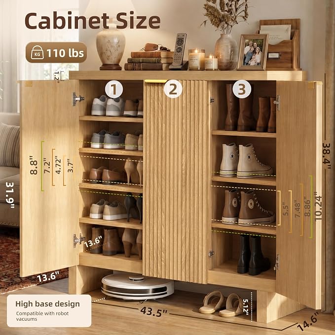 Shoe Cabinet, 5-Tier and 3 Doors Shoe Storage Cabinets with Fluted Doors and Adjustable Shelves, Thickened Wood Freestanding for Entryway, Hallway, Closet, Organizer Rack, Natural Oak JBSC003N