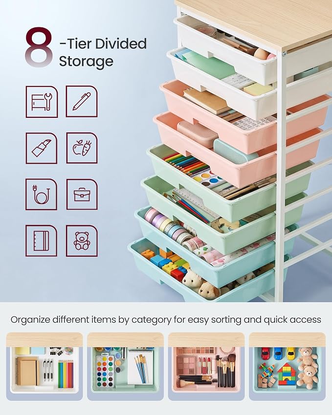VASAGLE 8-Drawer Rolling Storage Cart, Utility Cart with Wheels and Wood Top, Craft Organizer for Office and Home, 15.6 x 11.2 x 30.1 inch, Multicolor, BENCO Collection ULRC006X101