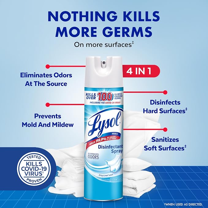Lysol Disinfectant Spray, Household Cleaning Supplies, Disinfecting Multi-Purpose Room Spray, Antibacterial Sanitizer, Deodorizer, Kills Hantavirus, Crisp Linen, 19 Fl Oz (Pack of 2)