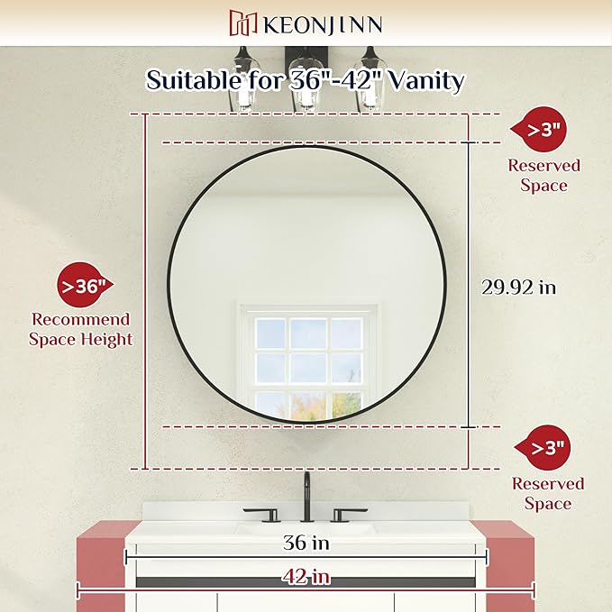 Keonjinn 30 in Round Black Medicine Cabinets with Mirror, Large Farmhouse Medicine Cabinet for Bathroom, Circle Bath Mirror with Storage, Metal Frame Medicine Cabinet for Wall with Detachable Shelves