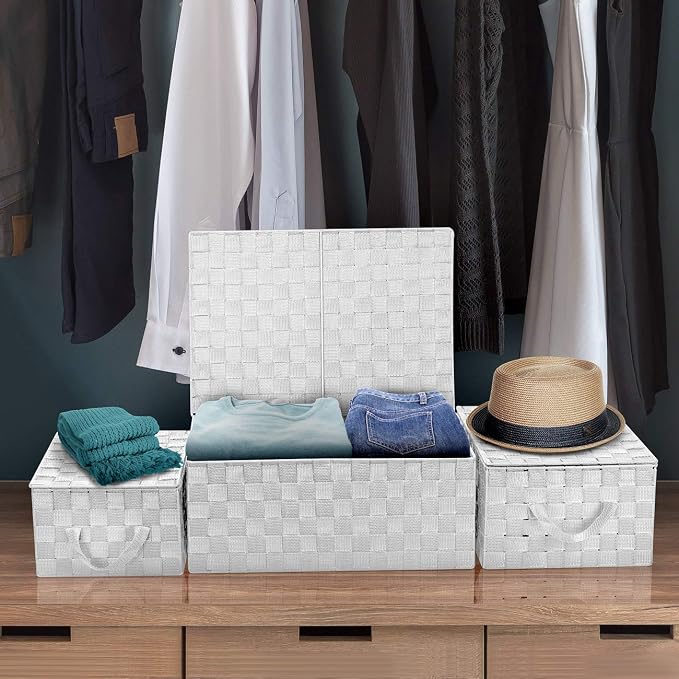 Sorbus Set of 3 Storage Baskets for Organizing with Lid, Mesh Hand-Woven Design, Linen Closet Organizers and Storage, Organizer Storage Baskets for Shelves, Variety Pack Organizers and Storage (White)