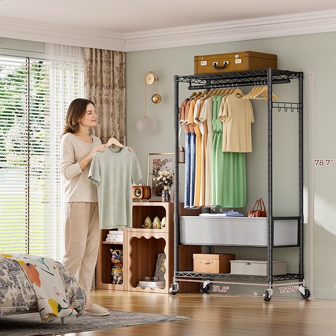 Heavy Duty Clothes Rack Rolling Garment Rack,3 Tier Adjustable Wire Shelving Clothing Racks for Hanging Clothes with Double Rods&Side Hooks,Freestanding Wardrobe Storage Rack Metal Portable Closet