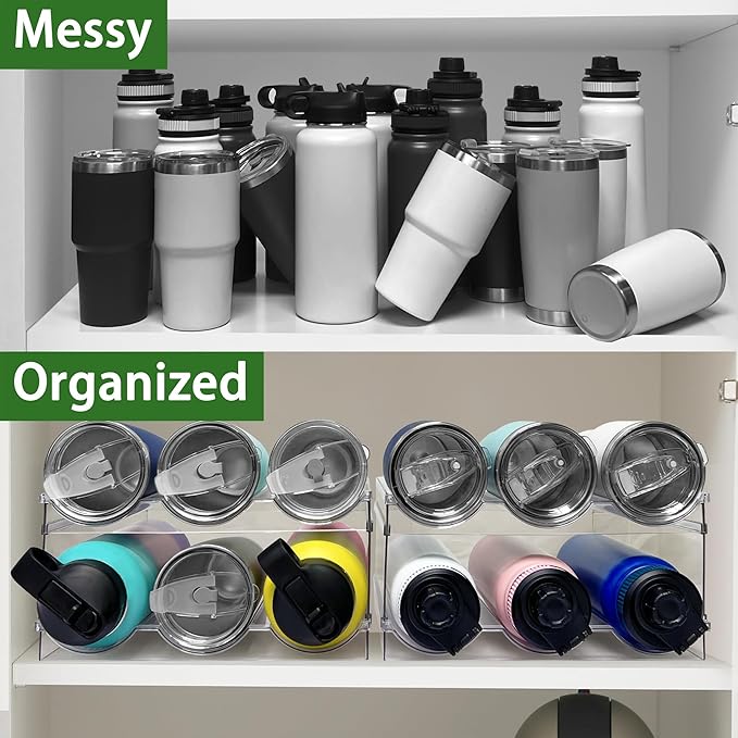 Spaclear 2 Pack Water Bottle Organizer, Stackable Kitchen Pantry Storage Shelf, Plastic Water Bottle Holder for Cabinet and Fridge Organization