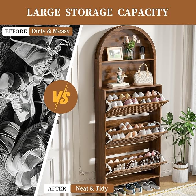 Shoe Storage Cabinet for Entryway with 3 Flip Drawers, 78.7 Inch Tall Arched Hidden Shoe Cabinet with Shelves, Narrow Freestanding Shoe Rack Organizer with Fluted Panel for Foyer (Walnut)