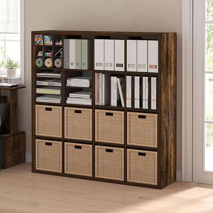 Furinno Cubicle 16-Cube Book Shelf, Extra Thick Frame Bookshelf, Amber Pine | 14.6" x 58" x 58", Reversible Bookcase with Open Back, for Living Room, Bedroom, Home Office