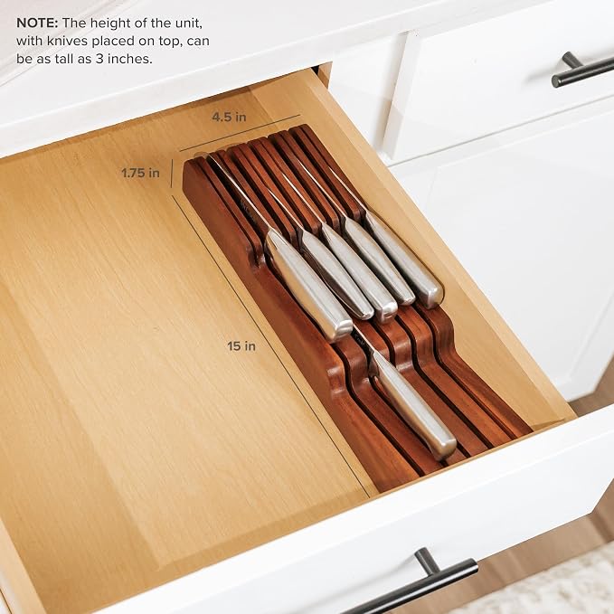 KitchenEdge In-Drawer Knife Block Holder, 11 Slots, Acacia | Fits most knife sizes, rubber feet, food-safe finish