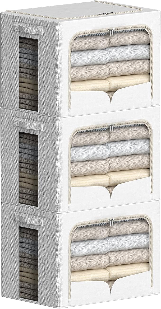 FHSQX 3 Pack Clothes Storage Bins Foldable Metal Frame Storage Box Stackable Linen Fabric Container Organizer Set with Carrying Handles and Clear Window (Cream White, 15.7x11.8x11.8inch(36L))