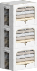 FHSQX 3 Pack Clothes Storage Bins with Metal Frame | 15.7x11.8x9.8inch (30L),Foldable, Stackable, Linen Fabric, Carrying Handles, Clear Window