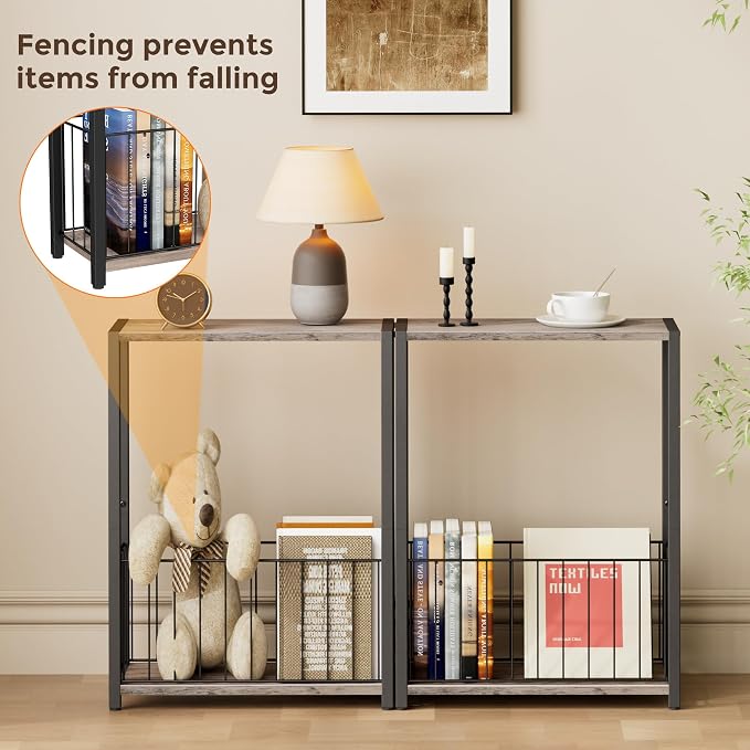 Homleke Narrow Side Table with Magazine Holder, Skinny End Table | Space-Saving Design, Small Spaces, Storage Shelf, Metal Frame, Easy Assembly, 7.1" D x 16.9" W x 23.6" H, Greige