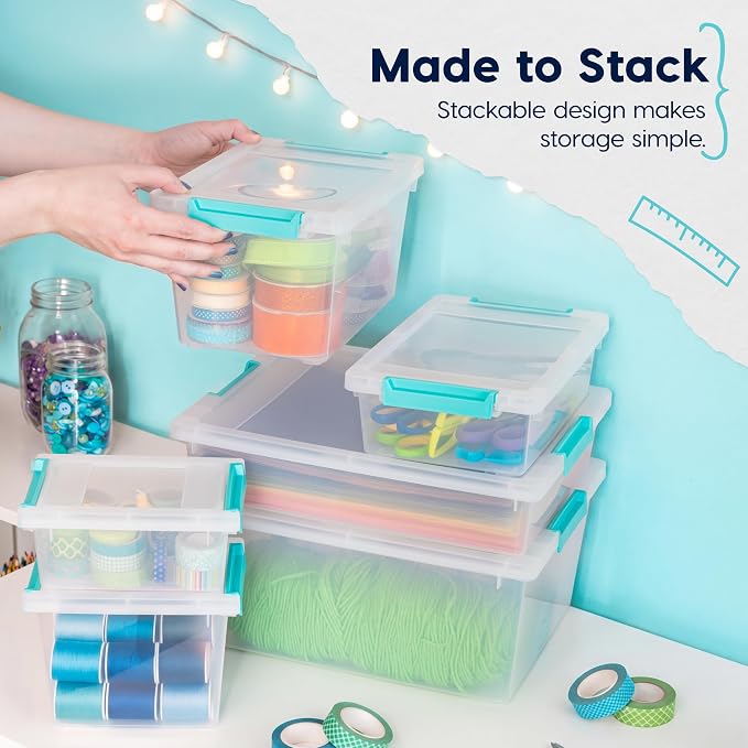 IRIS USA 6 Qt. Craft Storage Bins with Lids, 3-Pack, |Made in USA|, Clip Box, Small Plastic Sensory Bin Tote Organizer Containers for Art Supplies, Paper, & Office, Stackable - Clear/Seafoam Blue