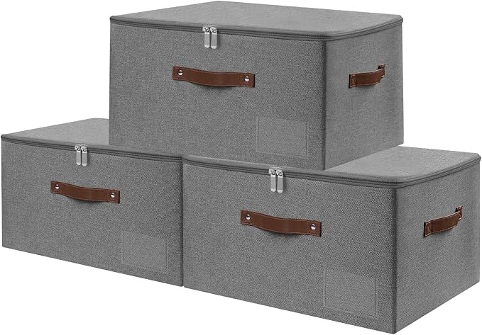 ANMINY Fabric Storage Box Bins with Zipper Lid, Washable Gray, 3PCS | Cotton Linen Fabric, PP Board Frame, Label Holder, Stackable & Foldable, PU Handles, Dual-Zipper 3-Side Open Lid, Large