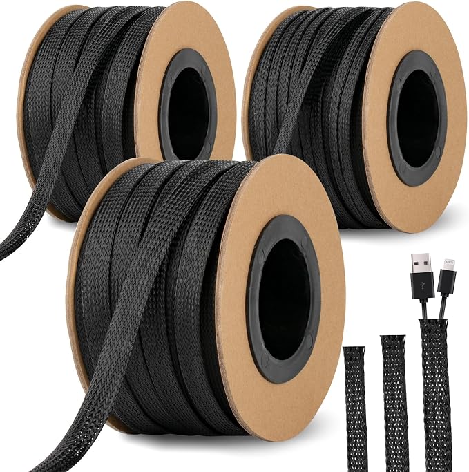 300 Feet 1/4, 1/2, 3/8 Inches Braided Wire Loom Automotive PET Cable Loom | Expandable Braided Sleeving Mesh Wire Sleeve for TV, Computer, Home Theater, Black