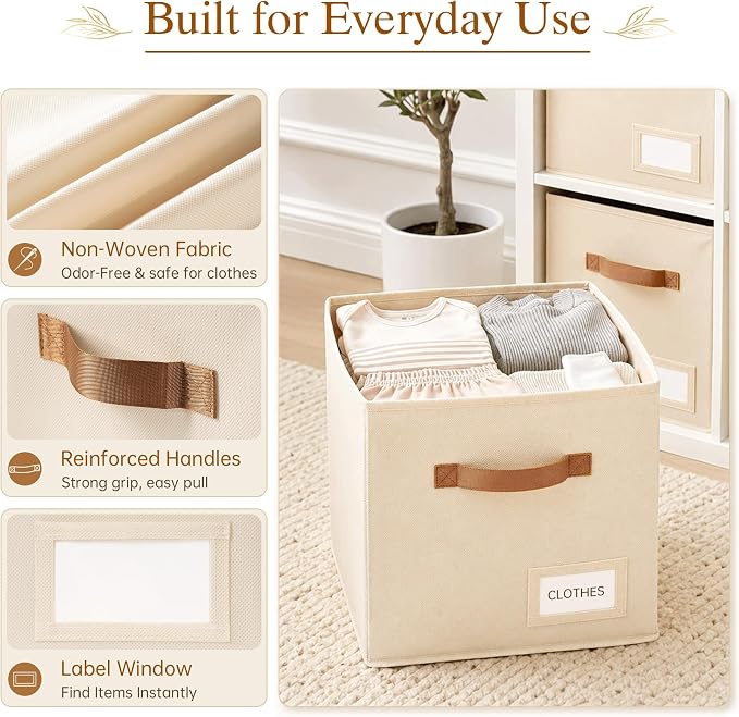 Storage Cubes 10 Pack, 11 Inch Fabric Storage Cubes Organizer Bins with Labels, Odor-Free & Sturdy PP Structure, Cubby Baskets for Closet, Shelves, Toys & Nursery (Beige)
