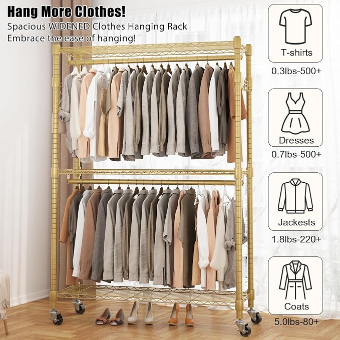 BATHWA Heavy Duty Rolling Garment Racks, 25mm Metal Pipe, 47.3"W x 17.7"D x 80.7"H Large Tall Portable Wardrobe Closet with 2 Rods, Wide Adjustable Shelves and Hangers, Clothing Hanging Storage, Gold