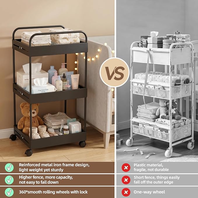 3 Tier Expandable Rolling Storage Cart, Rolling Utility Cart with Wheels | expandable adjustable width, sturdy metal frame, silent 360° wheels, storage for bathroom, kitchen, laundry & living room