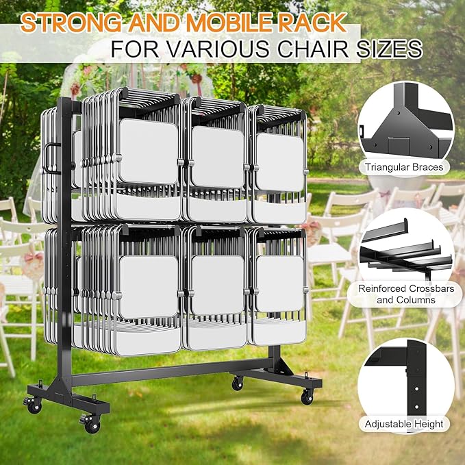 SPECRAFT Folding Chair Rack, Holds 12 Tables or 84 Chairs with 50 PCS Chair Covers, 1100 lbs Capacity, Heavy-Duty Cart with Wheels, Elastic Cords, Cover, Glossy Black