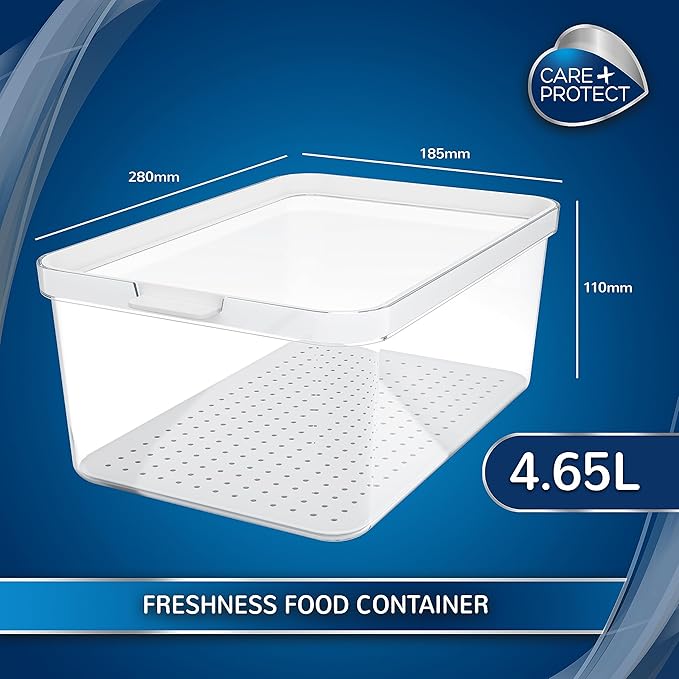 CARE + PROTECT Smart Food Container, Perfectly Stackable, Fridge Organiser, Protect Food From Moisture, Keep Food Fresh Longer 4.65L