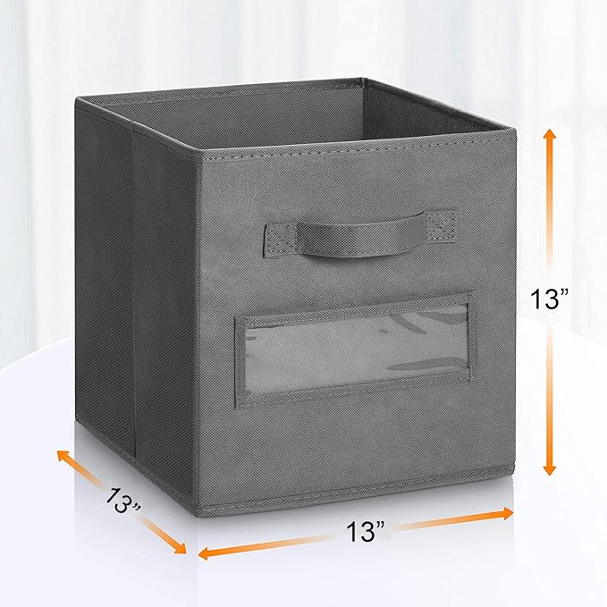 13x13x13 storage cube bins(Set of 8) Fabric storage cubes with 8 Labels Window Cards & a Pen, storage cubes 13x13, Collapsible 13 inch cube storage bins, Cubby Organizer Boxes, Gray