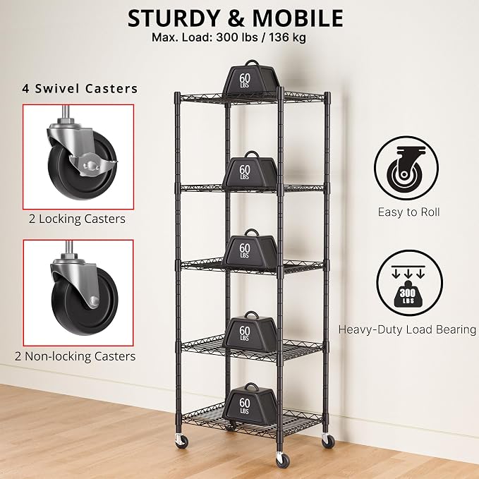 REGILLER 5-Wire Shelving Metal Storage Rack Adjustable Shelves,Standing Storage Shelf Units for Laundry Bathroom Kitchen Pantry Closet(Black,11.8" D x 16.6" W x 53.5" H,With Wheels)