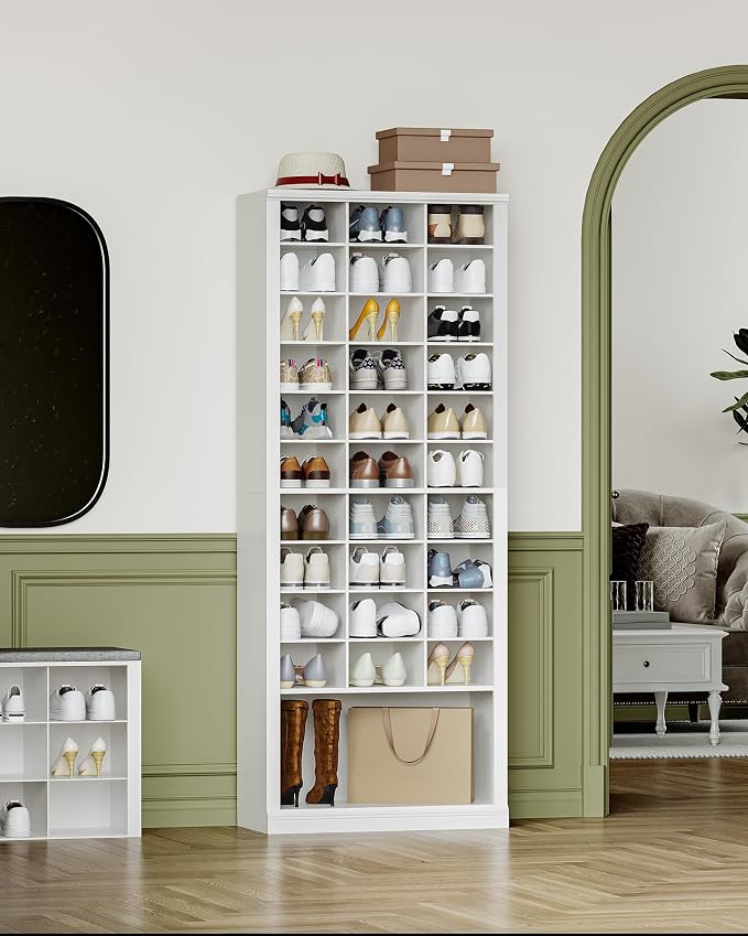 Hzuaneri 11 Tiers Shoe Storage Cabinet, Tall Shoes Cabinet with Cubby, Freestanding Wooden Shoe Organizer, 30-33 Pairs, Shoes Cubby Organizer for Entryway, Bedroom, White SR39303X