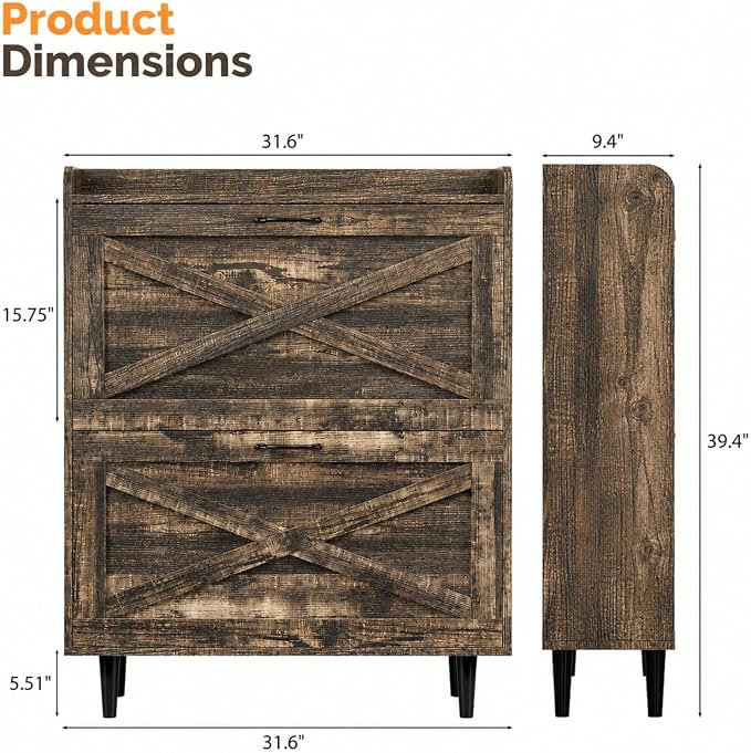 VINGLI Shoe Storage Cabinet for Entryway with 2 Flip Drawers, Ultra Slim Freestanding Entryway Shoe Organizer with Wood Tapered Legs,Hidden Closed Shoe Rack,31.6"W * 9.4"D * 39.4"H, Dark Rustic Oak