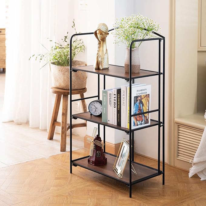Crofy 3-Tier Foldable Bookshelf, Black Frame & Walnut Shelves | No-Assembly Collapsible Portable Storage Organizer; Sturdy Walnut Finish Shelves; Ideal for Living Room & Home Office