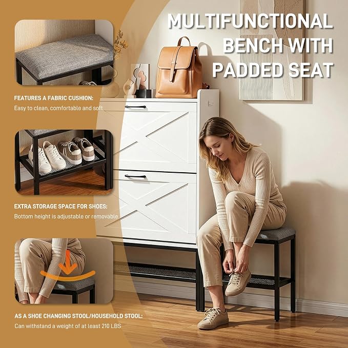 Karl home White Farmhouse Shoe Cabinet, Cushioned Entryway Bench Organizer | Space-Saving Freestanding Shoe Rack Organizer, Versatile Storage Furniture Suitable for Entryway and Living Room