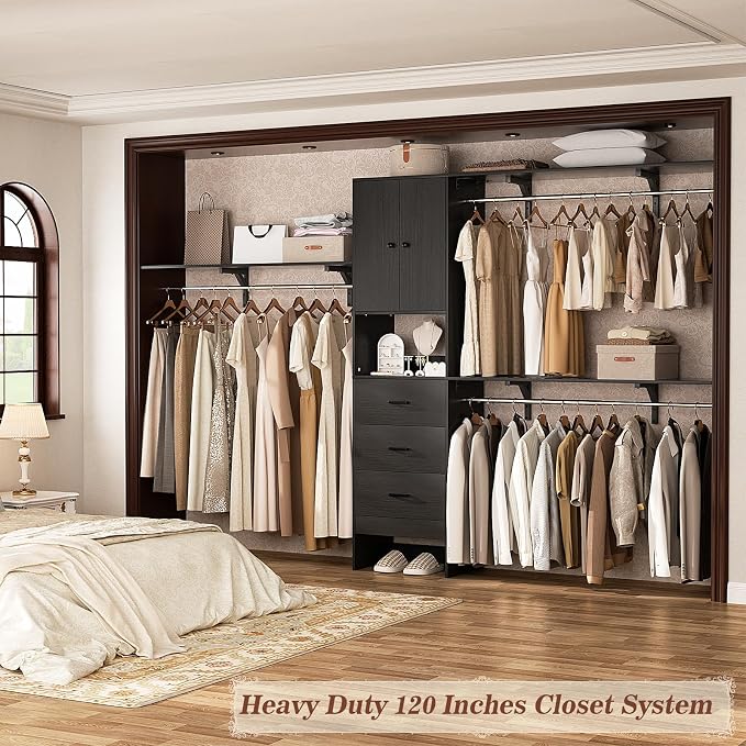 120 Inches Closet System With Doors, 10FT Walk In Closet Organizer with 3 Shelving Towers, Heavy Duty Clothes Rack with 3 Drawers, Built-In Garment Rack, Max Load 1300 LBS, Black