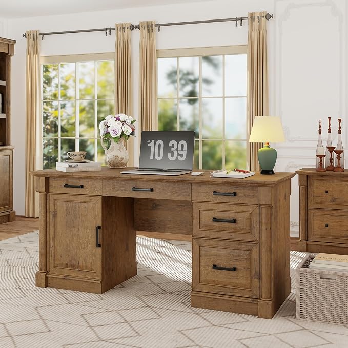 blini Large Farmhouse Executive Desk with Drawers，Wood Computer Desk，Embossed Texture Home Office Desk with File Cabinet Storage, Cable Management, Keyboard Tray，Working Table for Work Study Writing