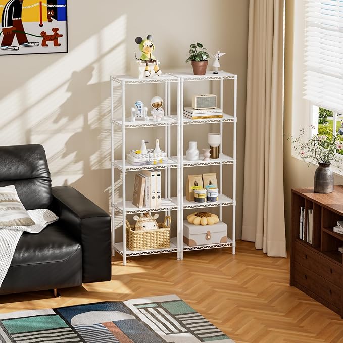 SINGAYE Metal Shelves Wire Shelving Storage Standing Adjustable Shelf Unit | 5 Tier Mesh Units Shelf for Kitchen Laundry Bathroom Closet Organizers Pantry Narrow Home Rack 10" D x 16" W x 55" H White