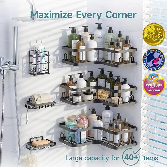 Veken Corner Shower Caddy 6-Pack, Advanced Rustproof Design, No Drilling Adhesive Shelves, Rack with Soap Holder, Large Capacity Bathroom Organizers and Storage, Wall-Mounted Kitchen&Home Decor,Black
