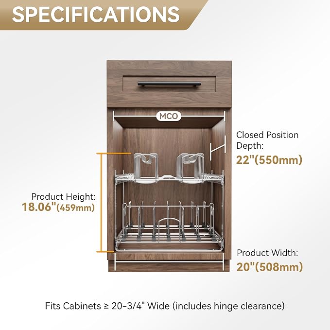 2-Tier Pots and Pans Organizer Under Cabinet Kitchen 21" W *22" D | Pull out Cabinet Organizer for Pots, Pans, and Lid Cookware, Adjustable Heavy Duty Wire Pan and Pot Rack, Full-Extension Rail