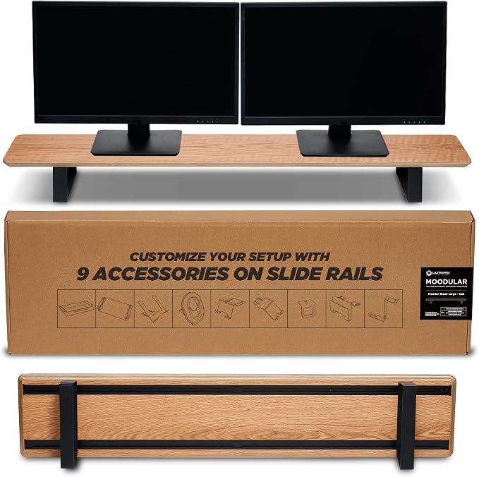 ULTRARM Moodular Wooden Monitor Stand Desk Organizer, Large 45.6" Oak | Customizable Organized Workspace, Aluminum Slide Rails, 10 Add-Ons Sold Separately: Storage Drawer, Tablet, Phone & More