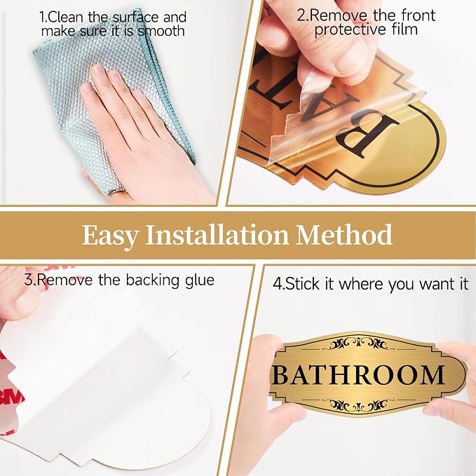 Bathroom Sign Sticker for Business and Home，Self-adhesive Brushed Gold Bathroom Decor for Door，Waterproof Vinyl Restroom Sign for House, Office, Shop