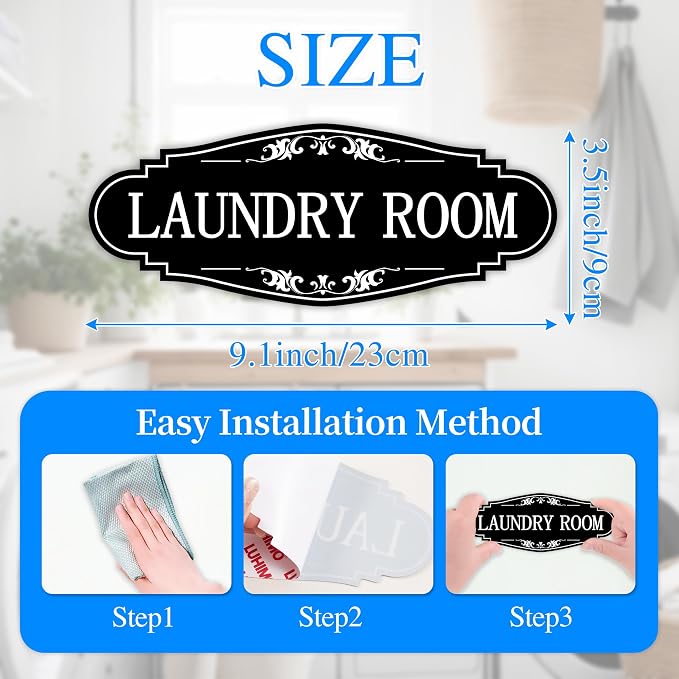 Laundry Room Door Sign for Business and Home，Self-adhesive Waterproof Cute Laundry Room Door Sticker Decals for House, Apartment, Hotel Laundromat Decor（Black）