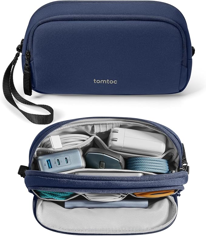 tomtoc Electronic Organizer Travel Case, Water Resistant Dual Compartment Tech Pouch Cable Organization Storage Bag for Charger, Cord, Phone, Hard Drive, Power Bank, Accessories Travel Essentials | Water Resistant Cable Pouch Storage Bag for Charger, C...