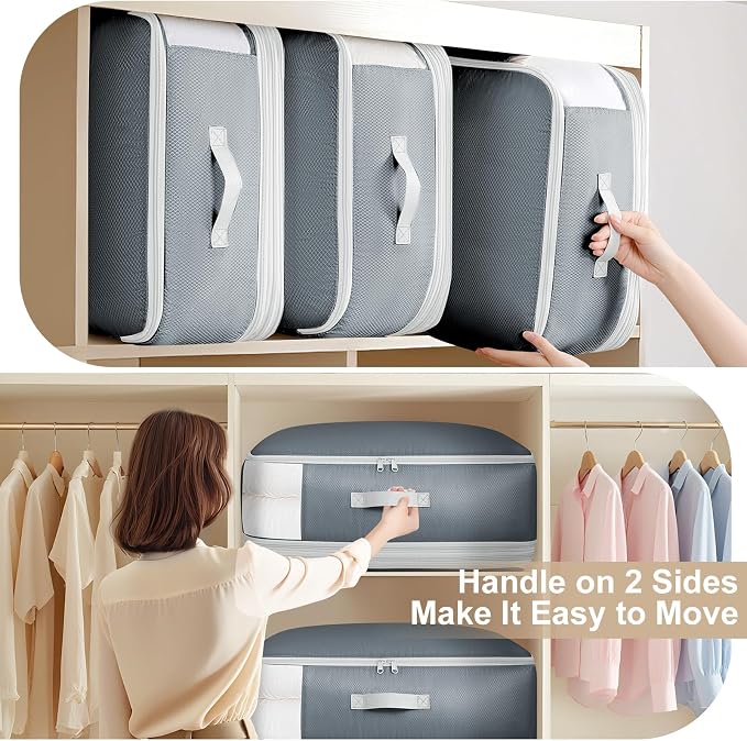 Comforter Storage Bag - 130L Large Capacity Blanket Storage Bags 4-Layer Ultra Space Saving Self Compression Organizer, Washable Compression Bags for Storage Comforter Blanket, 4-Pack, Grey