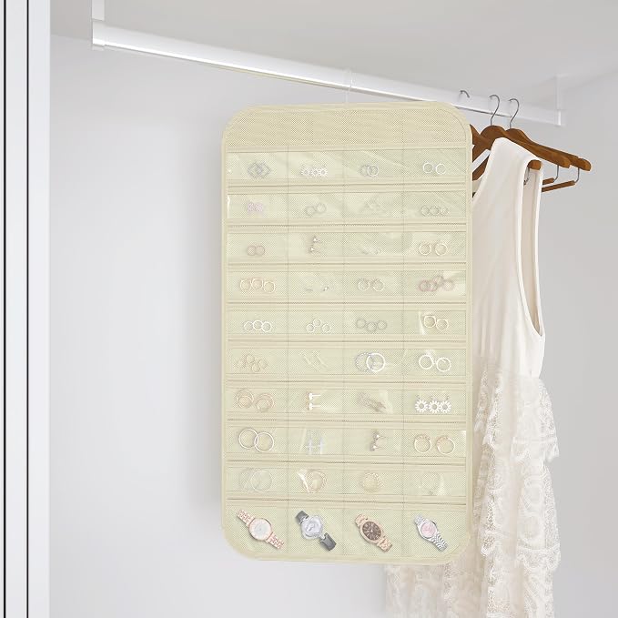 Double-Sided Hanging Jewelry Organizer for Necklaces Earrings, 1-Pack Beige | Foldable 36 hooks & 40 clear pockets; swivel hook fits walls, doors & rods for earrings, bracelets, rings & small jewelry