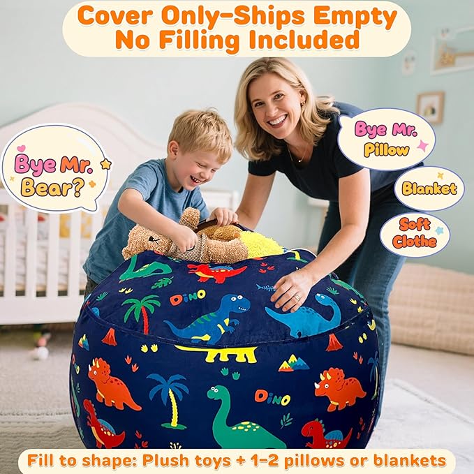 Lukeight Dinosaur Stuffed Animals Storage Bean Bag Chair Cover Only (Ships Empty, No Filling) - Velvet YKK Zipper Beanbag Cover for Kids Big kids, Washable Plush Toy Organizer, X-Large 30" D x 18" H