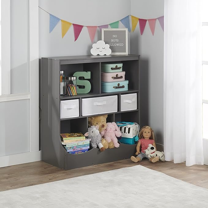 Badger Basket Combo Toy Storage Organizer and Bookshelf - Kids Storage Unit with 3 Removable Baskets, Open Shelves, Top Display Surface - Charcoal